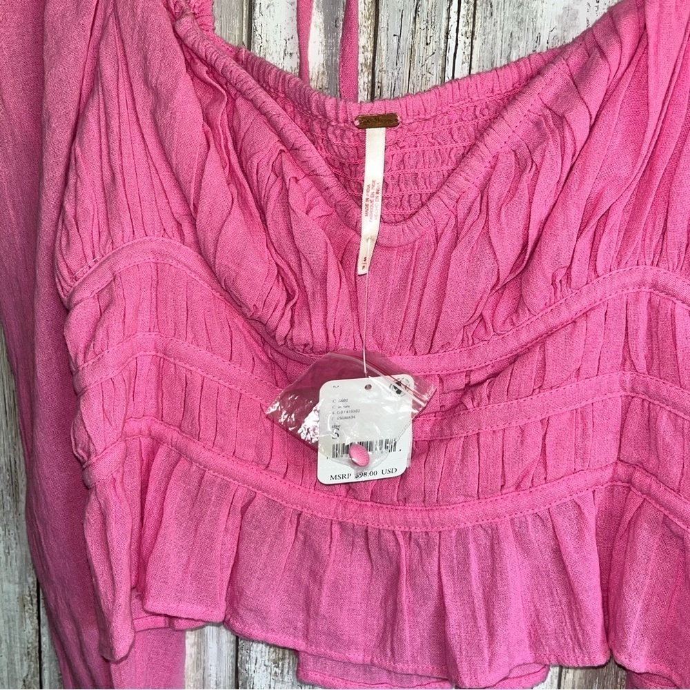 NWT Free People Chloe Pink Smocked Tie Back Blouse Puff Sleeve Crop Top S - Picture 5 of 7